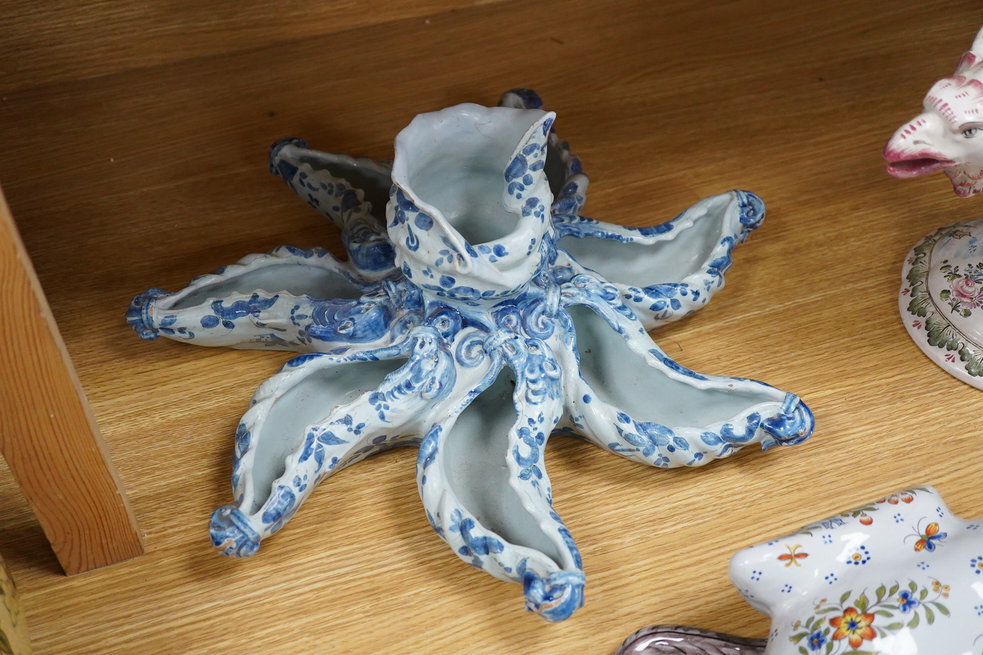 Five French faience pottery items, dating from the late 18th century to late 20th century. Tallest -vase 51cm high.